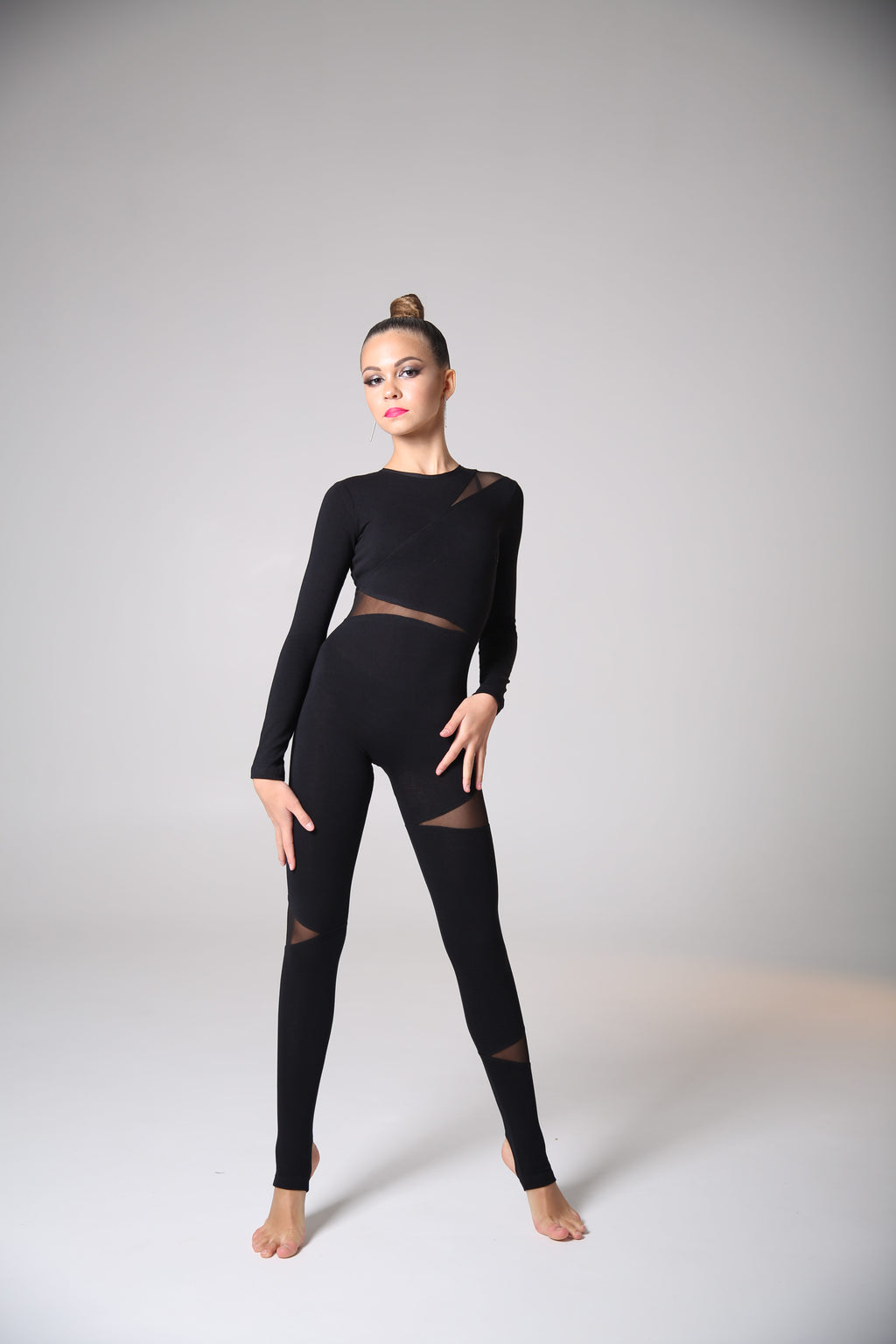 Long-sleeve unitard with stirrup leggings (mesh inserts)