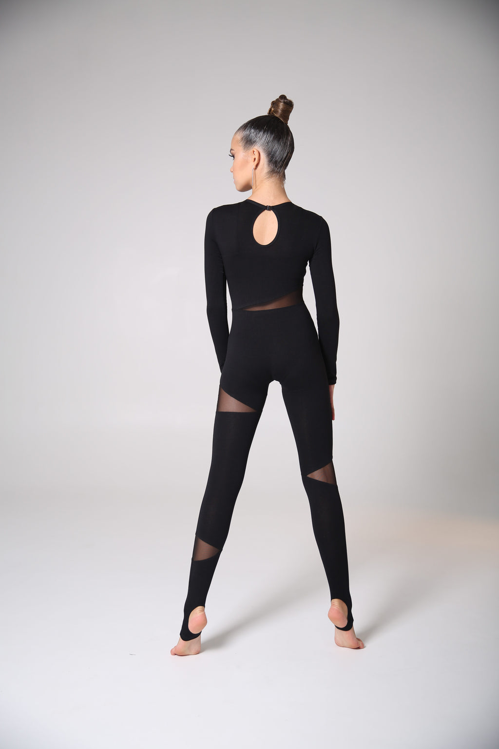 Long-sleeve unitard with stirrup leggings (mesh inserts)