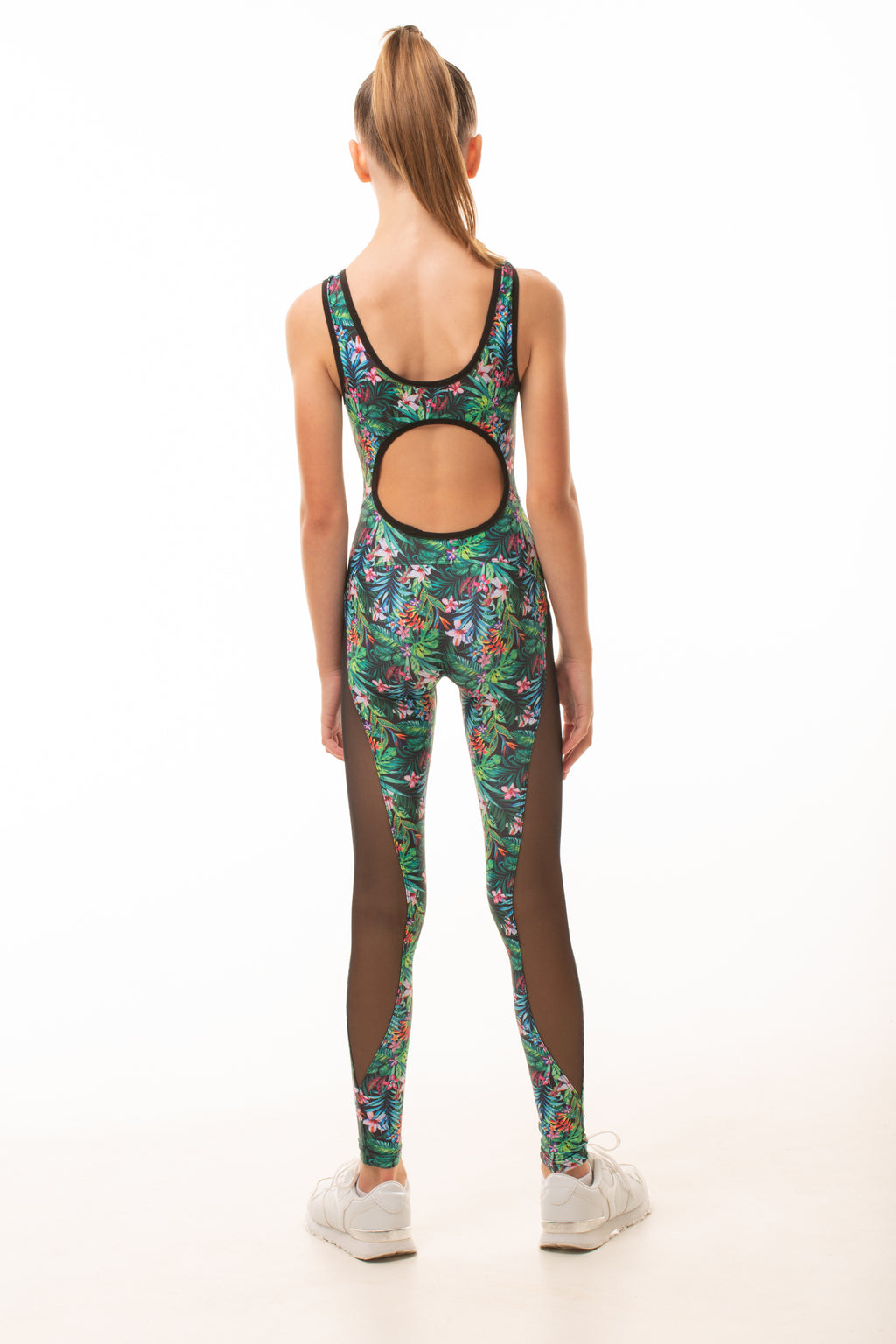 Unitard with leggings and mesh inserts