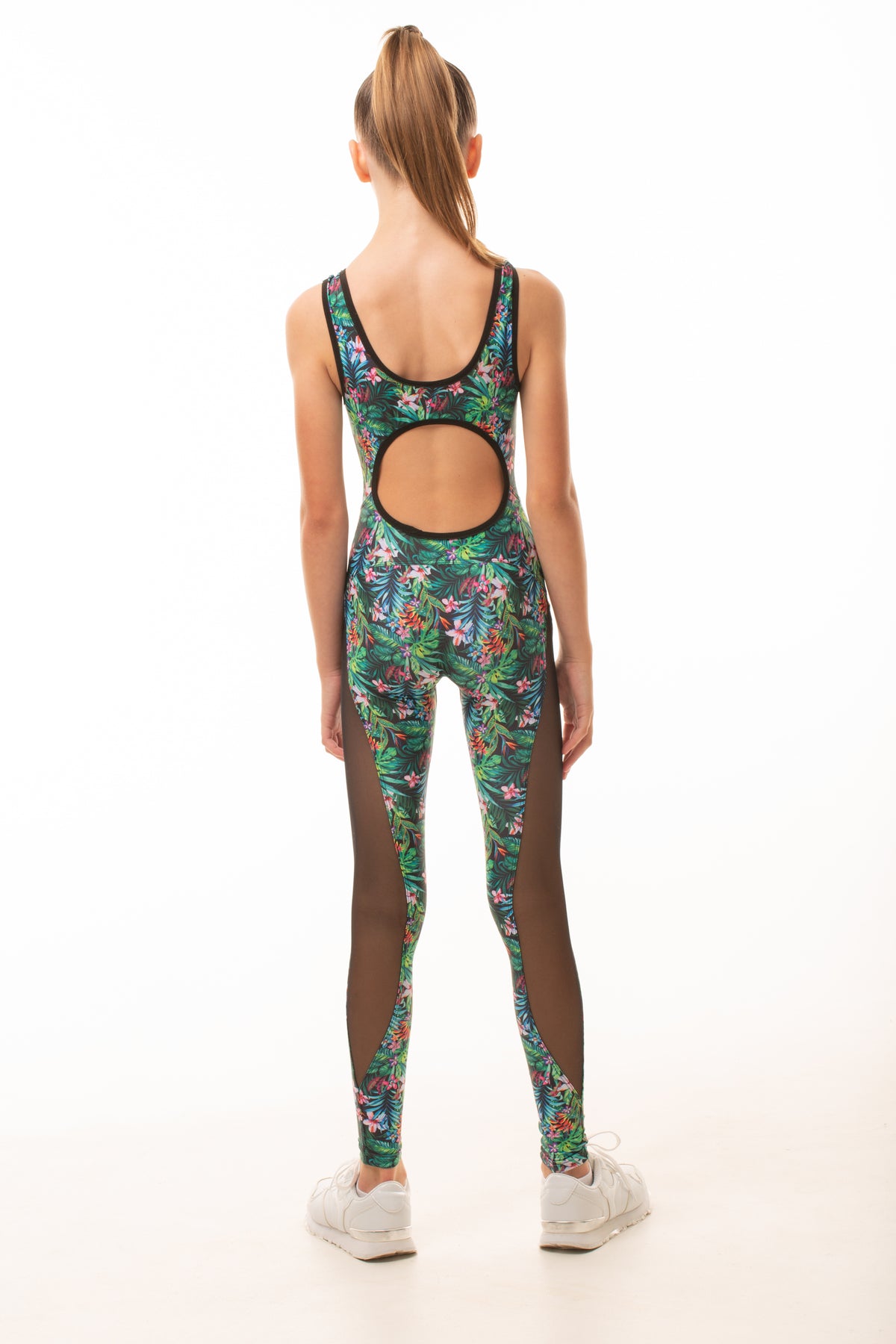 Unitard with leggings and mesh inserts