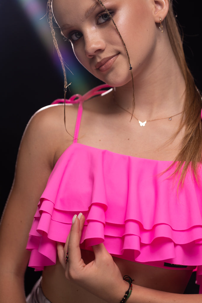 Thin strap top with triple ruffle