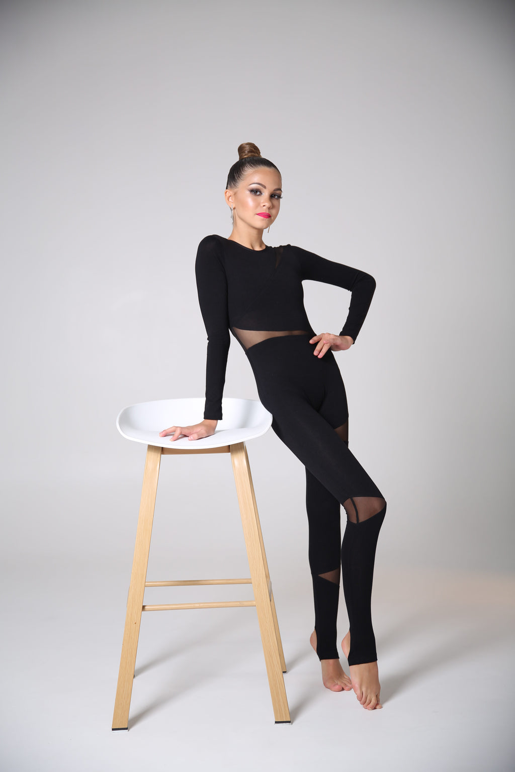 Long-sleeve unitard with stirrup leggings (mesh inserts)