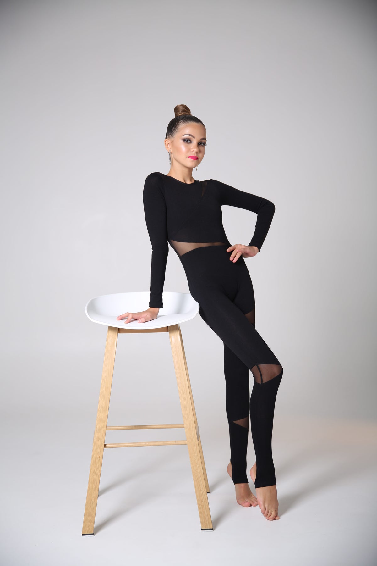 Long-sleeve unitard with stirrup leggings (mesh inserts)