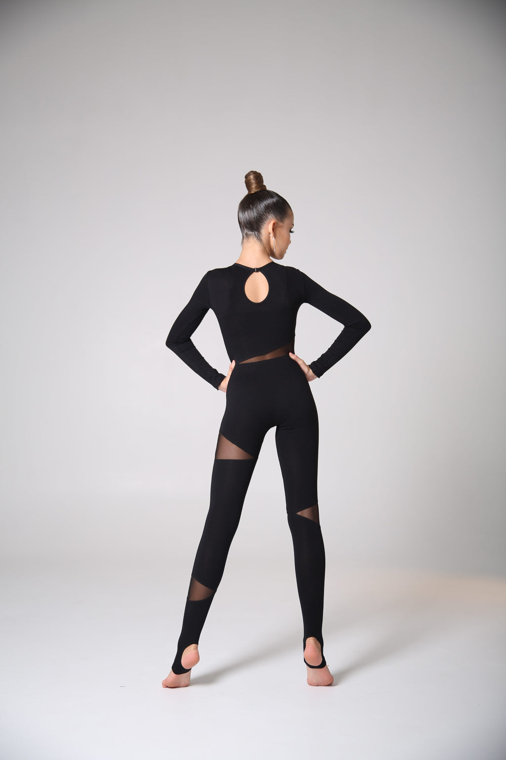 Long-sleeve unitard with stirrup leggings (mesh inserts)